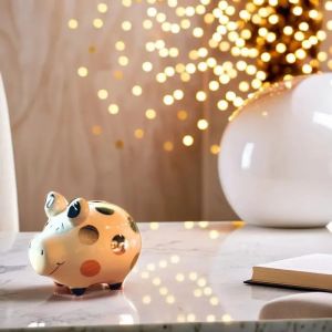 Tirelire en c&eacute;ramique cochon a pois gold - Neuf