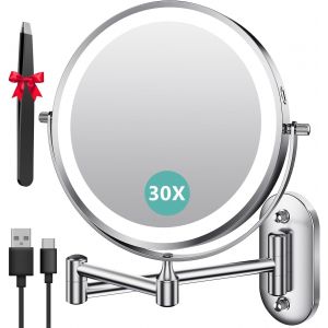 SUBZONAL-8 Pouces Miroir Grossissant Lumineux Mural x30, Miroir Grossissant Mural avec 3 Modes de Couleur, 1X/30X Grossissement Charge USB, &Eacute;cran Tactile, 360&deg; Pivotant et Extensible pour Salles de B - Neuf