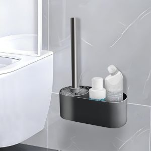 meimie-Brosse Toilettes,Brosse Wc Suspendu,Balai Wc 2 En 1 Avec Organisateur De Nettoyage,Balayette Wc En Aluminium Sans Perforation,Montage Mural/Au Sol Pour Salle De Bain,Noir - Neuf