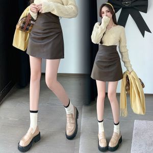 Q Automne Et Hiver Design Jupe Plissée Petite Jupe En Cuir Jupe Femme Pu Hanche Taille Haute Plissée Jupe Courte Trapèze - Neuf