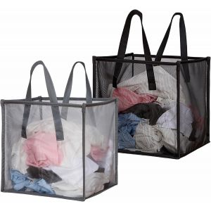 CHECARZHN--NO1-Lot De 2 Paniers À Linge En Maille Avec Poignées - 32 L - Portable Et Pliable - Paniers À Linge Pour Ranger Les Vêtements Et Les Jouets (1 Lot Gris + 1 Noir) - Neuf