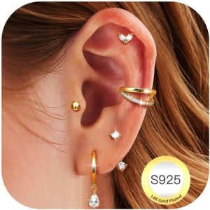 Kal-Paires Boucles D'oreilles Femme Argent 925 Plaqu&eacute;e Or 14k Cr&eacute;oles Argent Boucles D'oreilles Zircon Piercing Oreille Cartilage Petites Boucles D'oreilles Femme Or Pour Piercings Multiples - Neuf