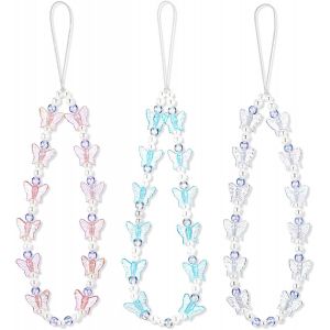 Checarzhn--No1-Lot De 3 Bracelets De Téléphone Pour Femme, Motif Papillon, Perles Pour Téléphone Portable, Esthétique, Téléphone Portable Y2k, Pour Appareil Photo, Clé, Décoration De Sac À Main (Rose - Neuf