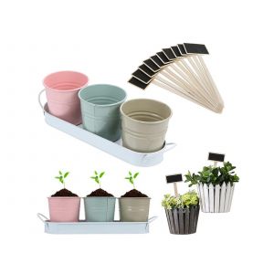 Ensemble de 3 jardini&egrave;res &agrave; herbes aromatiques en m&eacute;tal avec mini-tableaux noirs sur piquets - Neuf