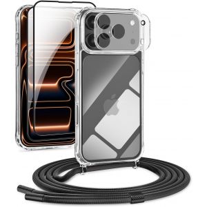 acdsgd-Set de cha&icirc;ne de t&eacute;l&eacute;phone portable 5 en 1 pour coque iPhone 17 Pro Max avec bande - Coque de t&eacute;l&eacute;phone transparente - Coque de protection amovible avec cordon, 2x verre tremp&eacute; et film pour - Neuf