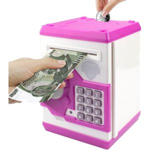 Tirelire cochon (blanc/rose) pour enfants avec code de mot de passe électronique Mini distributeur automatique d'argent pour papier et pièces pour garçons et filles - Neuf