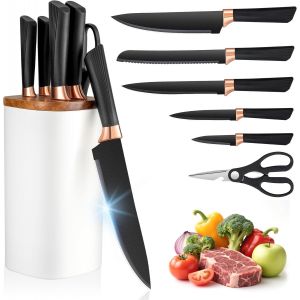 Jexnovashop-6 Set Couteaux De Cuisine, Bloc Couteaux Amovible Avec Couteau Cuisine En Acier, Base En Plastique Et Couvercle En Bois, Bloc Couteaux Cuisine Convient Pour Ranger Les Couteaux De Cuisine - Neuf