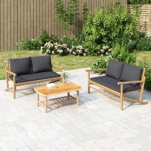 Prolenta Premium - Salon De Jardin 3 Pcs Avec Coussins Gris Fonc&eacute; Bambou - Neuf