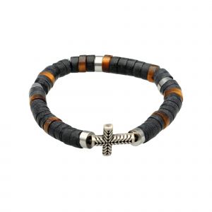 Bracelet Perles Heishi Pierres Naturelles Agate Noire Tigre Croix Acier Antique - Neuf