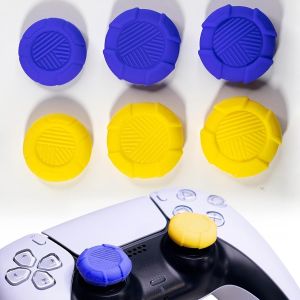 Thumbsticks Grip Joystick PS5 - FPS Capuchons Joystick PS5 Thumb Grip Manette PS4/5 Silicone Caps Accessoires Manette Controller &agrave; Aide avec Viser, R&eacute;duire Pouce Fatigue, Bleu & Jaune 6 pi&egrave;ces - Neuf