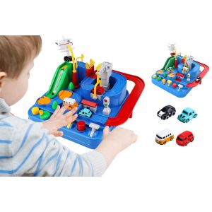 Circuit de course TEMI avec 4 mini-voitures et aventure ferroviaire puzzle - Neuf