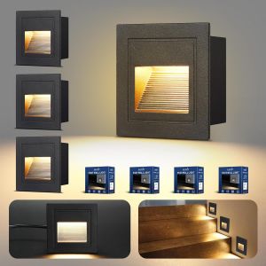 4-Pack Eclairage Escalier Exterieur 3w 300lm, Spot Led Encastrable 230v 3000k, 85x85mm, Ip65 Applique Encastrée Intérieure Pour Mural, Douilles Encastrées 68mm, Aluminium Noir - Neuf