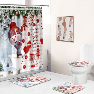 4 Pcs de No&euml;l de bonhomme de neige Rideau de Douche Ensemble avec anti-D&eacute;rapant Tapis, Toilette d'un Couvercle et Tapis de Bain, dr&ocirc;le de No&euml;l de No&euml;l Rideaux de Douche avec 12 Crochets, No&euml;l Rideau - Neuf
