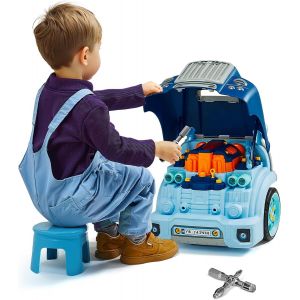 KAJGL-Jouet Moteur De Camion,60 Accessoires,Jouet Mécanicien Camion Enfant Avec Lumières,Sons,Volant,Kit Jeu Imitation Mécanicien Réparation Atelier Automobile Pour Enfants 3 Ans Et Plus,Bleu - Neuf