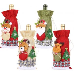 No&euml;l Bouteille De Vin Sacs, 4 Pcs No&euml;l Sacs D'emballage De Vin Avec Cordon De Serrage Faveur De Mariage De Cadeau Pochette &Agrave; Bouteille De Vin En Cadeau De Sacs Pour Pr&eacute;senter Mariages, Party De No&euml;l - Neuf