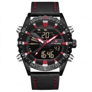 Montre A Quartz Electronique Naviforce Pour Homme, Etanche, Tendance, En Pu (Boitier Noir Et Rouge) - Neuf