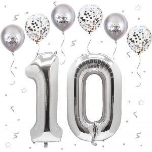 Ballon Anniversaire 10 Ans Argenté,101 CM Chiffre 10,Happy Birthday Decoration,Décoration Numéro pour 10-Vole à l'Hélium - Neuf