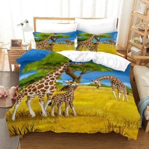 Parure De Lit Avec Housse De Couette 3d Motif Animaux Africains, Girafe Et Coucher De Soleil, Couvre-Lit En Microfibre Pour Garcon S Et Filles - Neuf