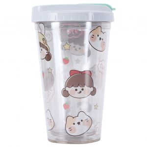 Hjlian Gobelet A Eau Portable A Double Paroi En Plastique Avec Couvercle Et Paille, Motif Fille De Dessin Anime Mignon, Vert, 450 Ml - Neuf
