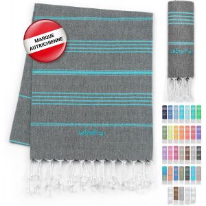 Serviette De Plage-100% Coton Bio,95 X 180 Cm,Prélavé,Absorbant,Séchage Rapide,Fouta Hammam,Serviette De Bain,Serviette De Voyage,Drap De Plage,Fouta De Sauna (Anthracite-Aqua) - Neuf