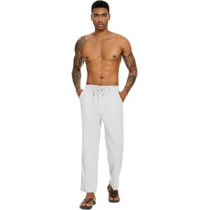 Tzf-Pantalon Coton Lin Homme Yoga Décontracté Pantalons Toile Homme Leger Eté Pantalon Taille Elastique Placket Zipper - Neuf