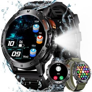 Montre Connectée Homme Sport: Étanche Ip68 Fitness Smartwatch Avec Torche Led Podometre - Appel Bluetooth Montres Compatible Android Ios (Pas De Fonction Gps) - Neuf