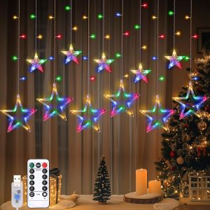Jgd-138 Led Guirlande Lumineuse, Lumi&egrave;res De F&eacute;es Suspendues Avec 8 Modes, T&eacute;l&eacute;commande Rideau Lumineux Noel Int&eacute;rieur, Guirlande Lumineuse &Eacute;toile No&euml;l Chambre &Agrave; Coucher Mariage, Lumi&egrave;re Color&eacute;e - Neuf