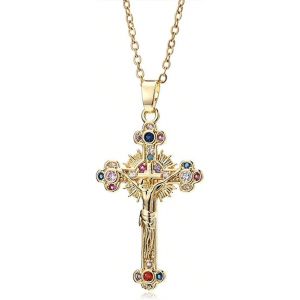 Kal-Collier Croix Femme, Collier Croix Chretienne, Pendentif Croix Chrétienne, Hypoallergénique Chaîne Plaquée Or 18 Carats, Cadeau Bijoux Pour Femmes - Neuf