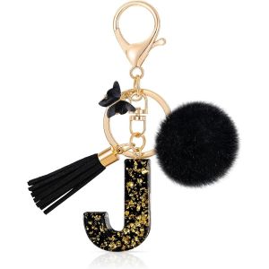 Kal-Initiale Letter Keychains Porte Clé Lettre J,Alphabet Initial Keyring Avec Papillon Pompon Pendentif,Porte-Clés Noir Feuille D'or Key Ring Pour Femmes Portefeuilles Bagages Charme (J) - Neuf