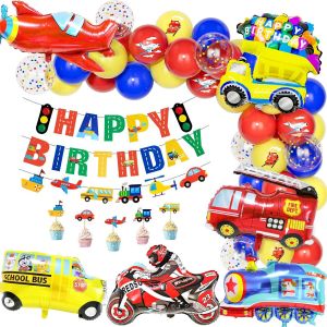CAUC-Ballons Decoration Anniversaire Garcon Transport Th&egrave;me, Enfant Ballon Rouge Bleu Jaune Ballon Aluminium V&eacute;hicules Voitures Autobus Scolaire Train Moto Joyeux Anniversaire Banni&egrave;re G&acirc;teau - Neuf
