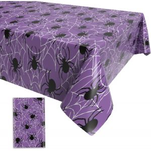 Nappe rectangulaire en plastique pour Halloween, 130 x 220 cm, motif toile d'araignée violette, grande nappe imperméable pour décorations d'Halloween en extérieur et en intérieur - Neuf