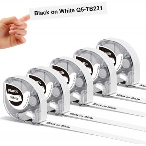 5x ruban d'&eacute;tiquette P12&P12-Pro 12mm x 4m Noir sur Blanc Q5-TA231 Papier pour &eacute;tiquettes auto-adh&eacute;sives pour l'imprimante d'&eacute;tiquettes P12&P12-Pro & recharge Ruban pour Dymo LetraTag - Neuf