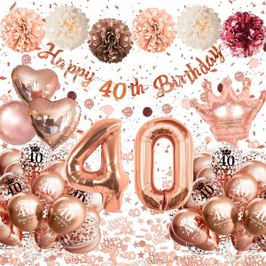 ChicSlick-Decoration Anniversaire 40 Ans, Ballon Deco 40 Ans Femme Rose Or, Décoration De Fête,Pompoms,Confetti Ballon, Bannière Joyeux Anniversaire Femme[X117] - Neuf