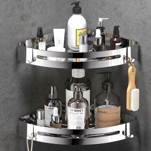Etagere Douche Sans Percage 2 Pièces,Etagere Salle De Bain Angle Rangement Salle De Bain Inox Auto-Adhésif,Etagere De Douche Avec 4 Crochets Pour Rangement Douche (Argent) - Neuf