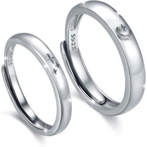 Yemaesre-Bague Couple En Argent 925 Pour Homme Et Femme, Bague Lune Etoile Pour Amoureux, Anneaux De Mariage De Lune Etoile, La Taille Réglable, Cadeau De Noël De Saint-Valentin De Mariage - Neuf