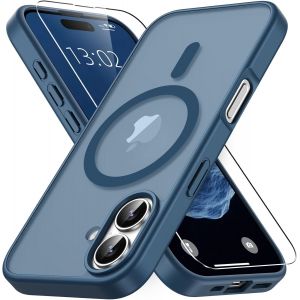 KALANKA-Magn&eacute;tique Coque pour iPhone 16 avec 1 Verre Tremp&eacute;, Compatible avec MagSafe, Protection Contre Les Chutes de qualit&eacute; Militaire, Coque Mat Translucide Fine Antichoc -Bleu Fonc&eacute; - Neuf