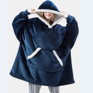 Couverture À Capuche Surdimensionnée En Velours D'agneau (Bleu) - Neuf