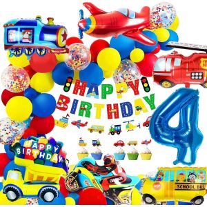 TRAHOO-Decoration Anniversaire Garcon 4 ans Ballon 4 ans Anniversaire Voiture 4 ans Ballon Enfant 4 ans Kit Anniversaire Garçon Cars Moto Ballons Garçons Joyeux Anniversaire Bannière Gâteau Décoratio - Neuf