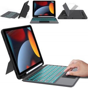 Coque Clavier Pour Ipad 9e 2021/8e 2020/7&egrave;me 2019 G&eacute;n&eacute;ration 10.2"/Air 3/Ipad Pro 10.5 : Bo&icirc;tier De Clavier Amovible R&eacute;tro&eacute;clair&eacute; 7 Couleurs - Azerty Clavier &Agrave; Pav&eacute; Tactile Avec Pot &Agrave; Stylos - Neuf
