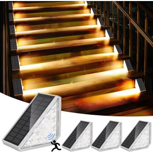 Lampe Solaire Exterieur, 4 Pi&egrave;ces Lampes Solaires D'escalier Avec Detecteur, 3000k Escaliers &Eacute;clairage Pour Chemins, Eclairage Exterieur Solaire, Ip67 Imperm&eacute;able Lampes Led Escalier Jardin - Neuf