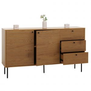 Commode HWC-N78, Sideboard, 3 tiroirs 2 portes, style scandinave m&eacute;tal bois m&eacute;lamine MVG 85x150x40cmnaturel - Neuf