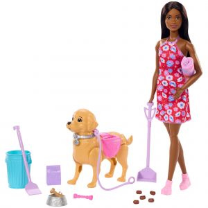 Barbie Barbie-Coffret Barbie "Brooklyn" et son chien Promenade et Besoins - Neuf