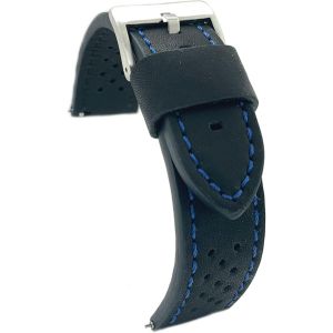 Kal-Bracelet Cuir Veau Lisse Perfor&eacute; Style Rally Racing U2013 Vintage U2013 Couture Noire, Blanche, Rouge Ou Bleue U2013 Tailles 20mm 22mm 24mm U2013 Noir U2013 Design Sportif Classique 398 - Neuf