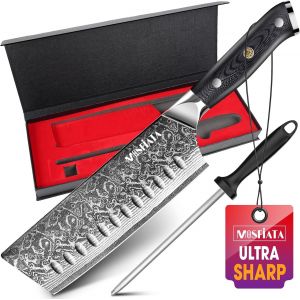 Checarzhn--No1-Couteau Damassé Nakiri - 17,8 Cm - Couteau De Chef - Acier Damassé - Tranchant Comme Un Rasoir - Protège-Doigts - Idéal Pour La Cuisine - Neuf