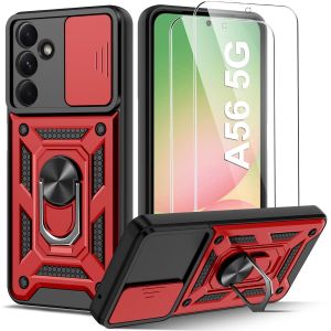 Kal-Coque Compatible Avec Samsung Galaxy A56 5g Avec 2 Verre Trempé, Lentille Coulissante Couverture, Support 360° Rotatif Militaire Pc Dur Renforcée Armor Antichoc Bumper Housse Etui - Rouge - Neuf