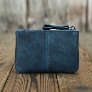 Portefeuille Zero en cuir véritable bleu foncé vintage Crazy Horse, petit porte-monnaie, mini porte-monnaie court à fermeture éclair, version coréenne, pour hommes et femmes, petit sac à monnaie - Neuf