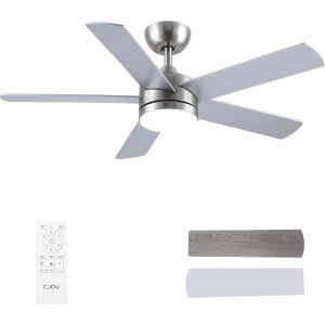 Ventilateur Plafond, 107Cm Argent/Bois Ventilateur Plafond Silencieux Avec Lumiere Et Telecommande, 6 Vitesses, Mémoire 3 Cct, Mable, Veille Réversible, Minuterie, Pour Chambre À C[VEN750296] - Neuf