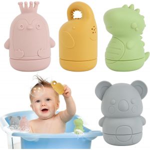 MDY-4 Pièces Jouet de Bain Bébé, Jeux Montessori Bébé Eveil, Dentition pour Bébé sans BPA Jouet de Bain, Peut Faire des Bulles, Silicone Souple Jouet Bain Enfant Jeux Educatif 6 9 12 Mois 1 2 3 Ans - Neuf