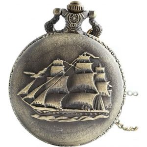 Trahoo-Rétro Voilier/Navires De Guerre/Bateau Pirate Large Montre De Poche Quartz Pendentif Avec Longue Collier Pour Homme/Femme - Neuf