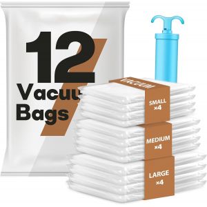 KALANKA-Sac Sous Vide Vetement Aspirateur avec Pompe Manuelle, Lot de 12 (4 Grands, 4 Moyens, 4 Petits), Sac de Rangement Sous Vide Réutilisables pour Vêtements, Literie, Voyage - Neuf